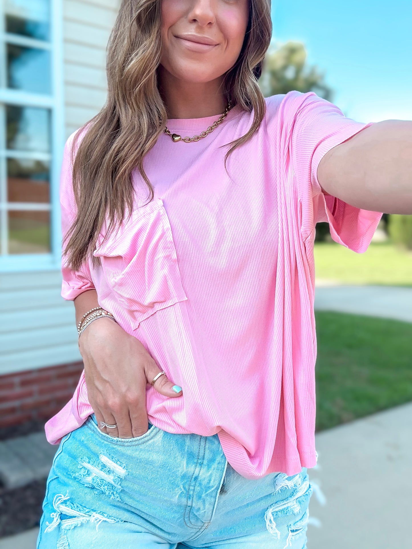 Rib & Flow Round Neck Tee (Dk Pink)