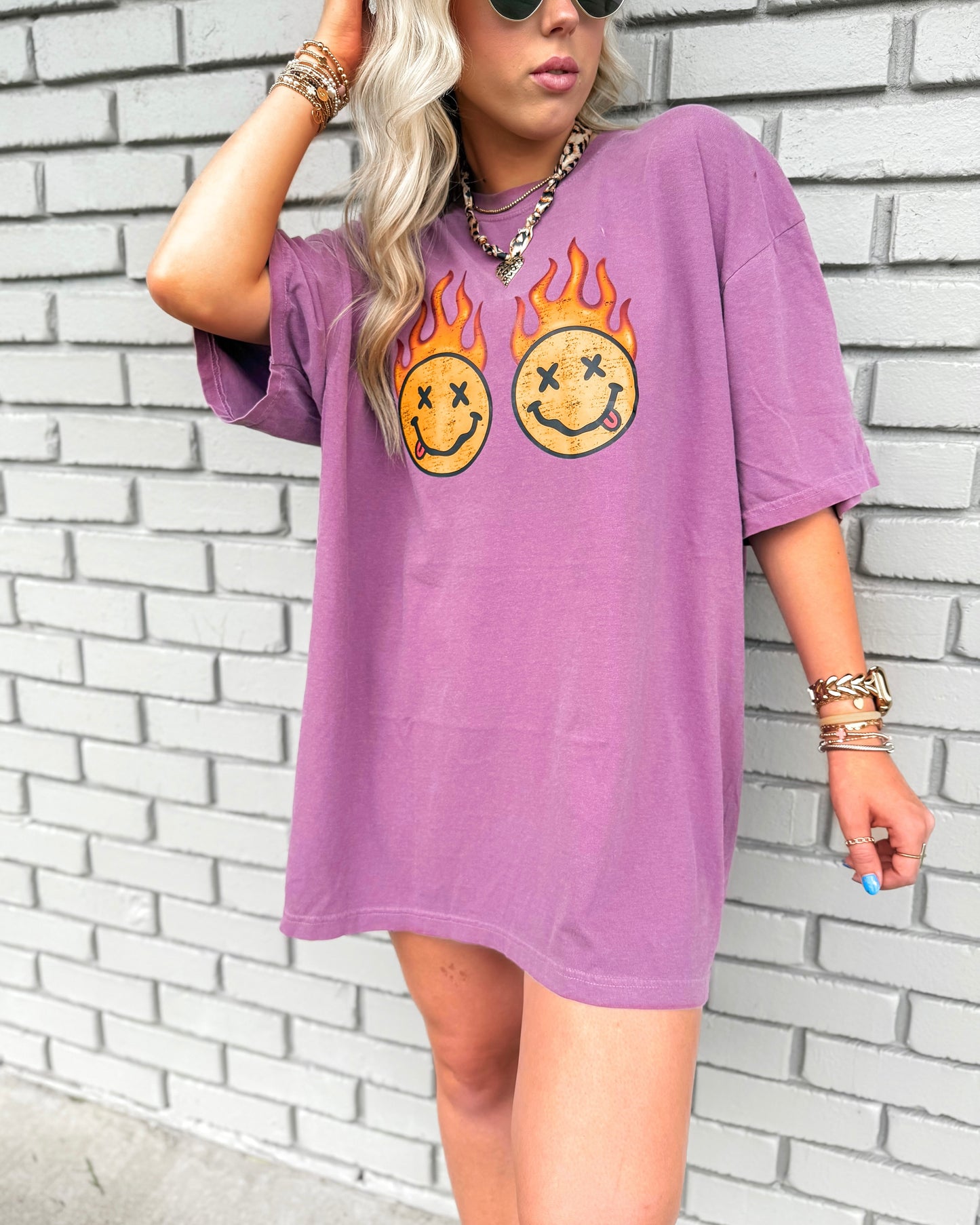 Plum Edgy Flame Smiley Tee