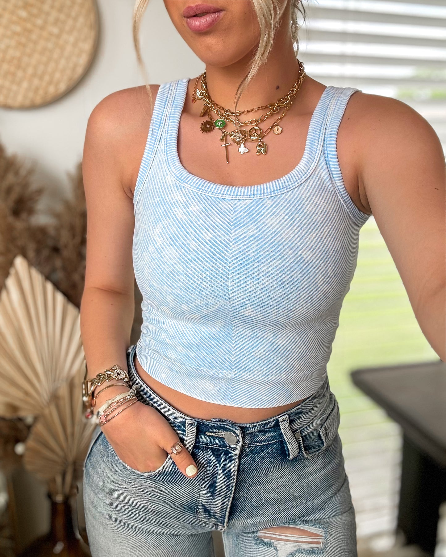 Casual Summer Mineral Wash Tank (Spring Blue )