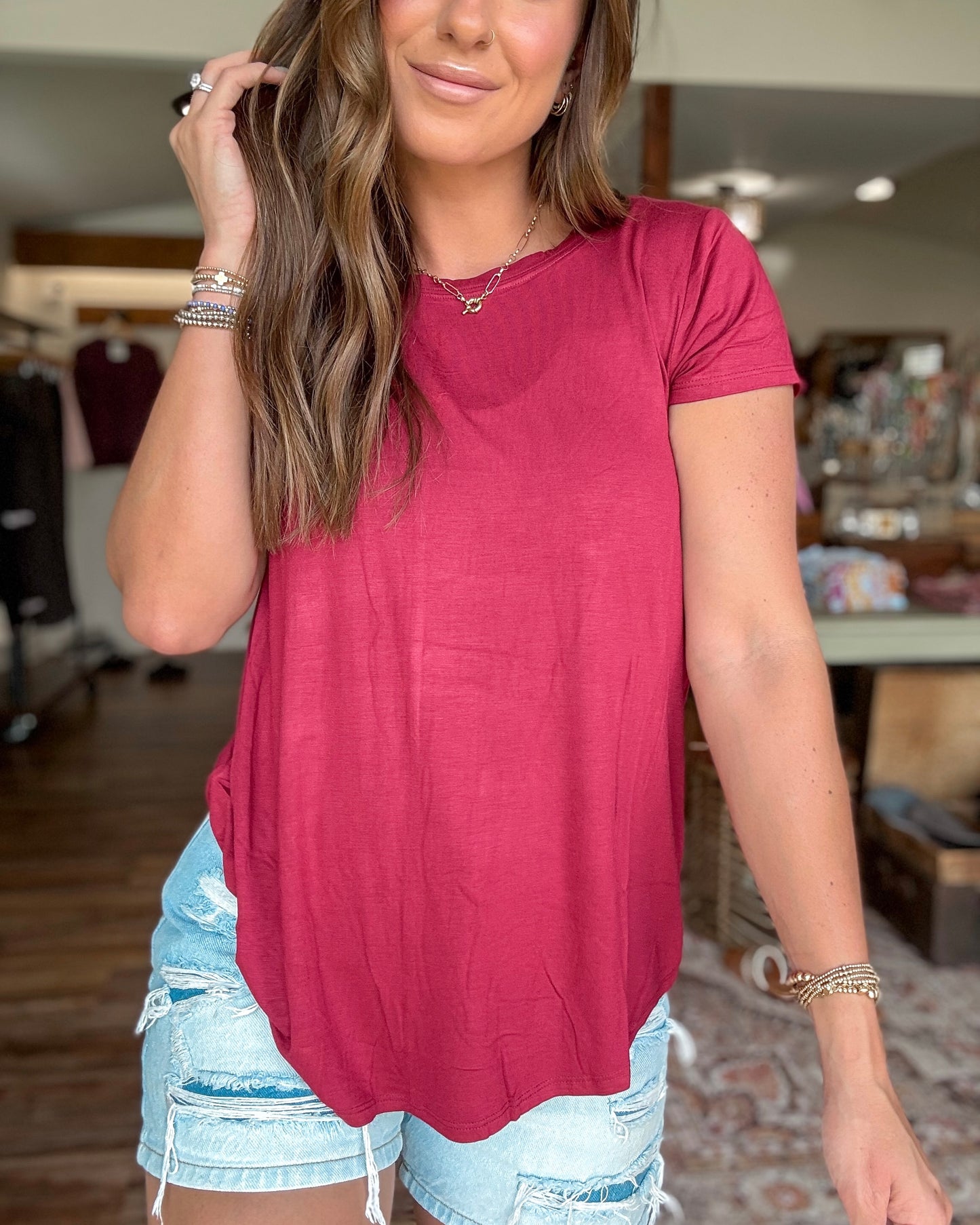 Easy Does It Flowy Round Hem Top (Cabernet)
