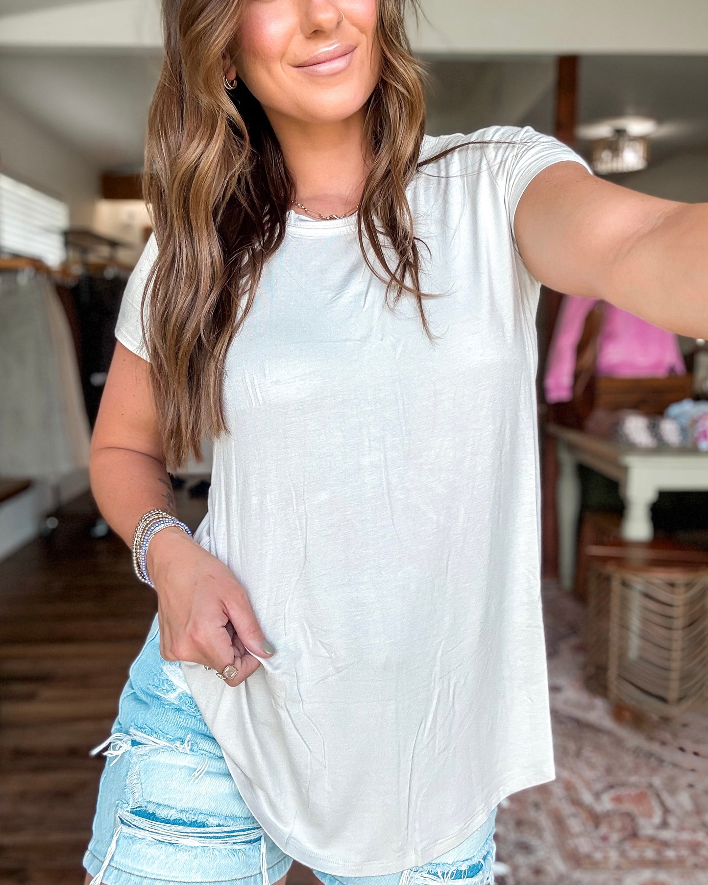 Easy Does It Flowy Round Hem Top (Sand Beige)