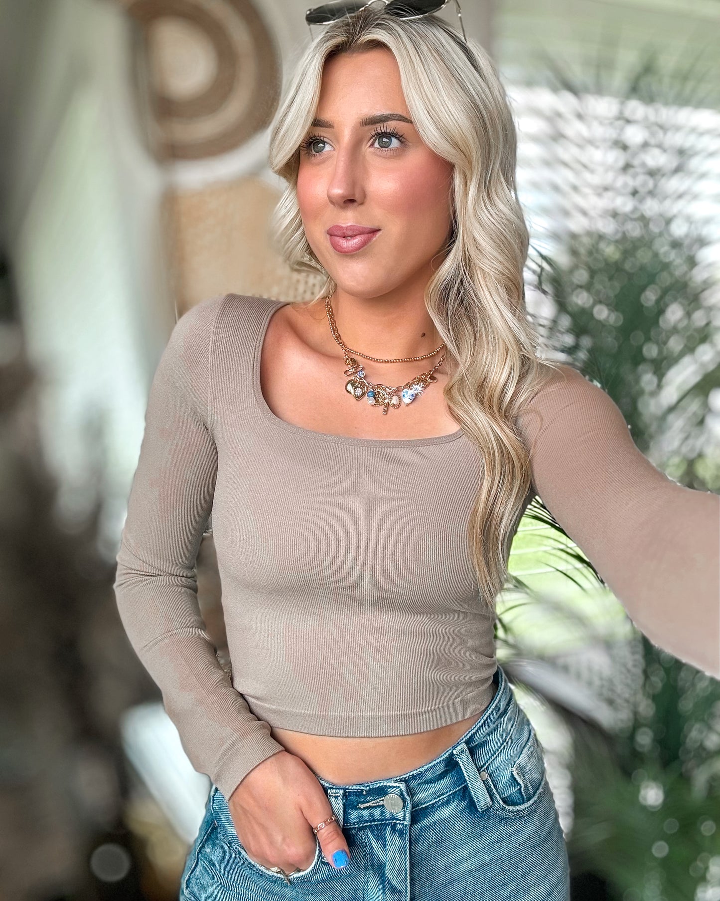 Seamless Ribbed Square Neck Top (Mushroom)