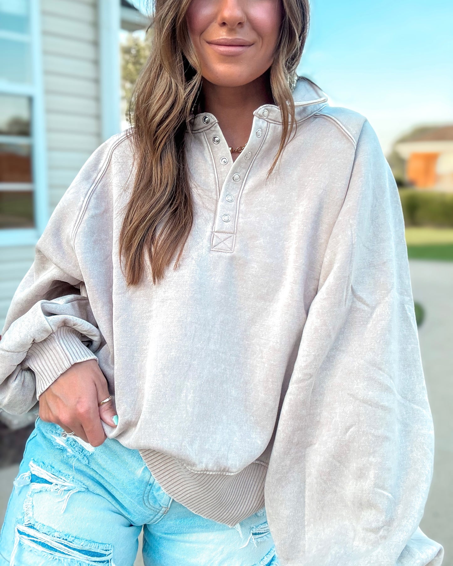 Soft Side Snap-Up Collared Pullover (Ash Mocha)