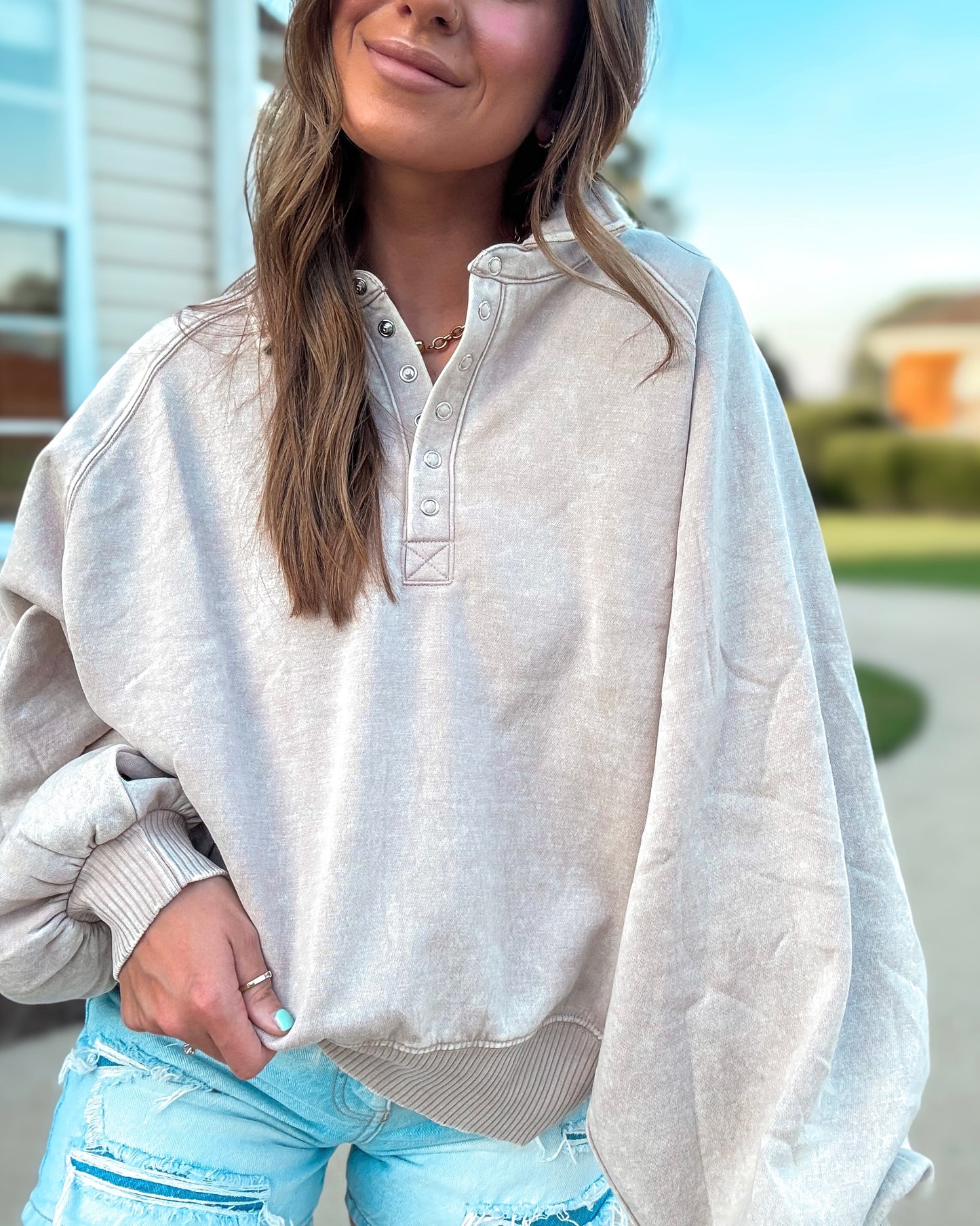 Soft Side Snap-Up Collared Pullover (Ash Mocha)