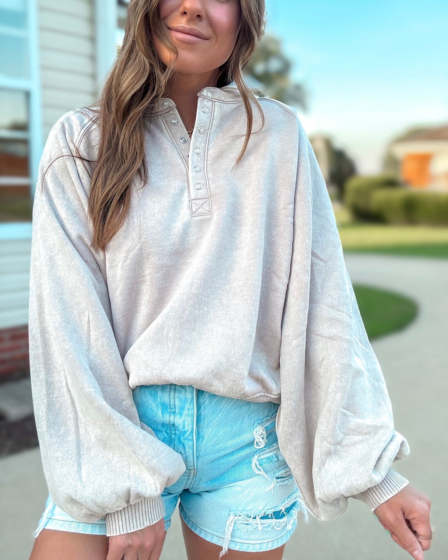 Soft Side Snap-Up Collared Pullover (Ash Mocha)