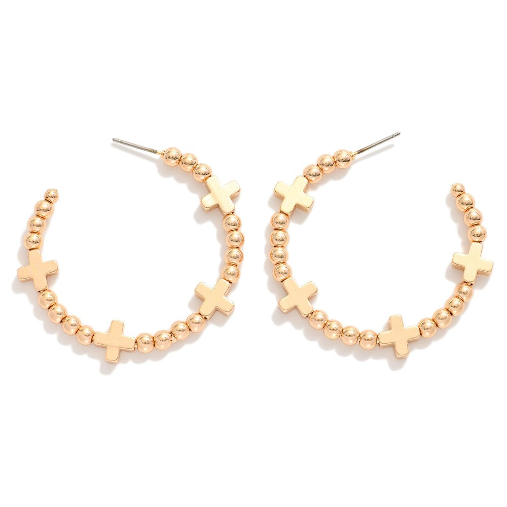 Gold Beaded Cross Earrings