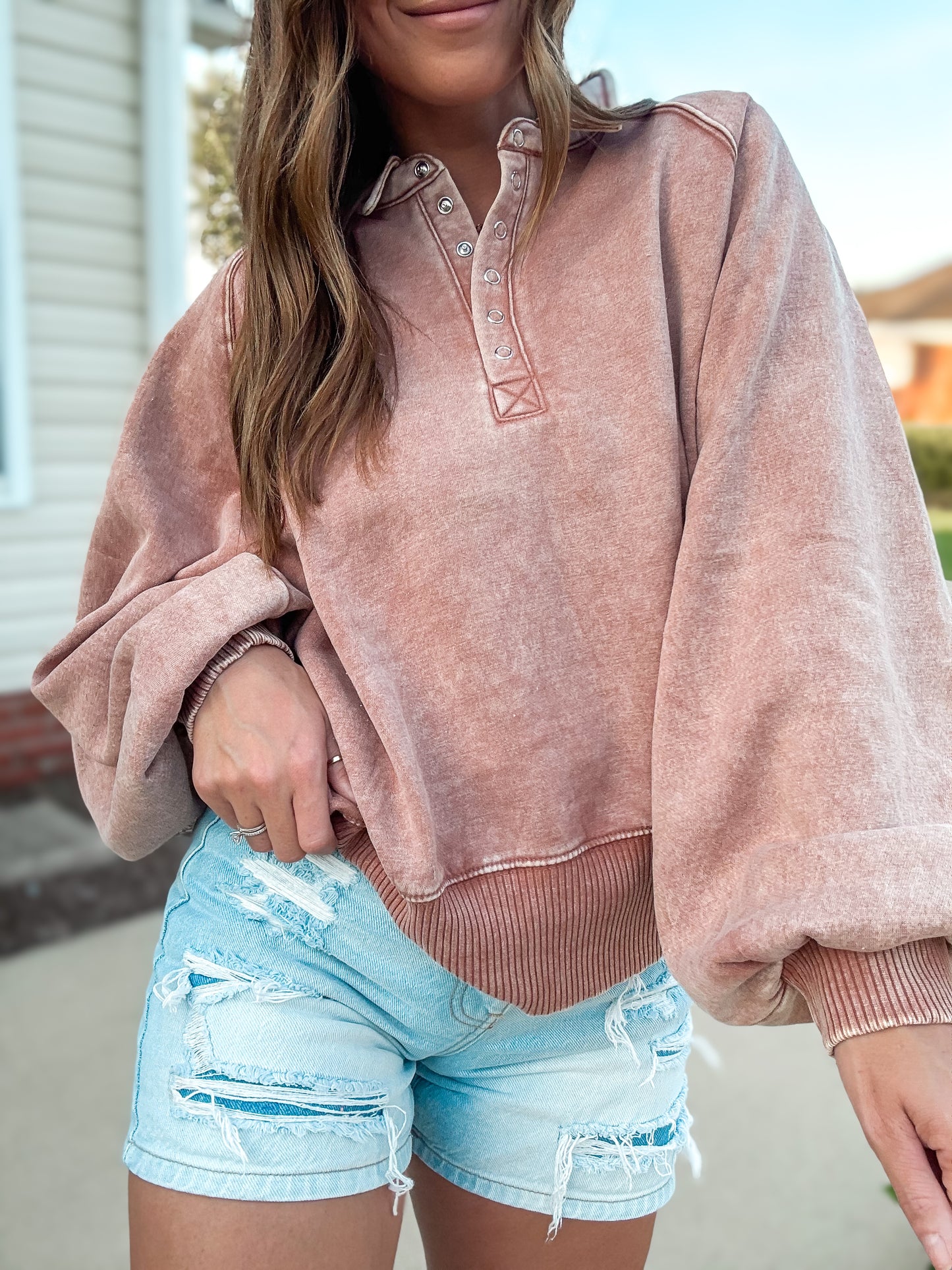 Soft Side Snap-Up Collared Pullover (Rust)