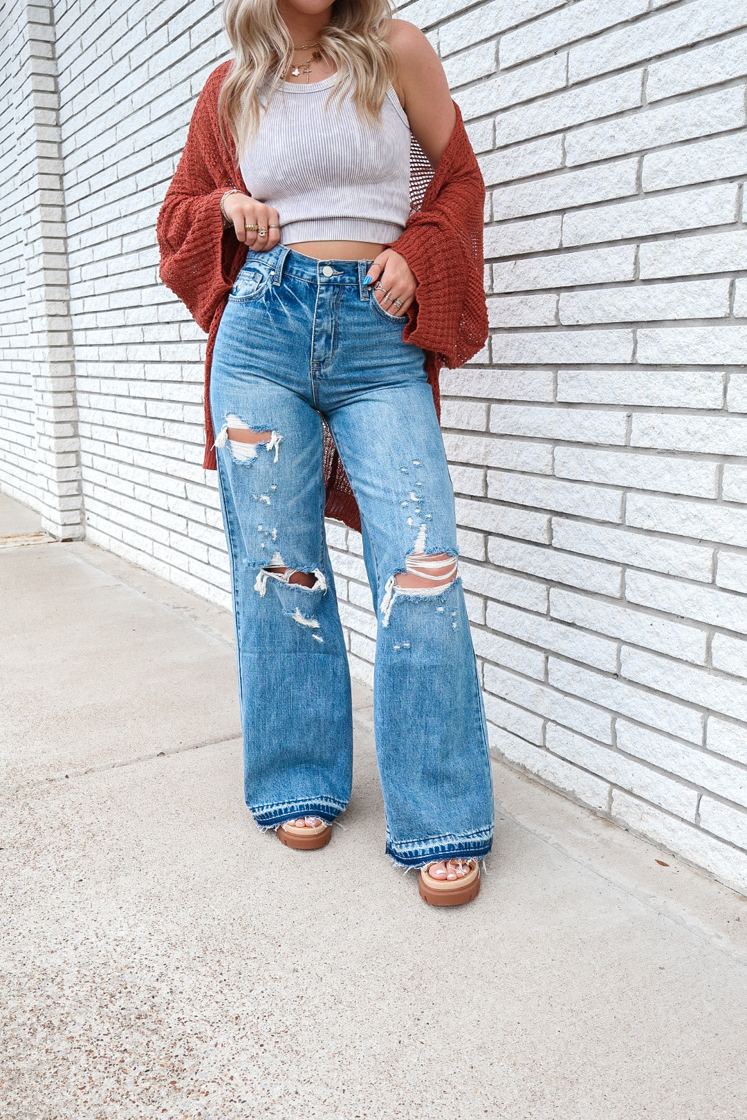 Destroyed High Rise Wide Leg Jeans