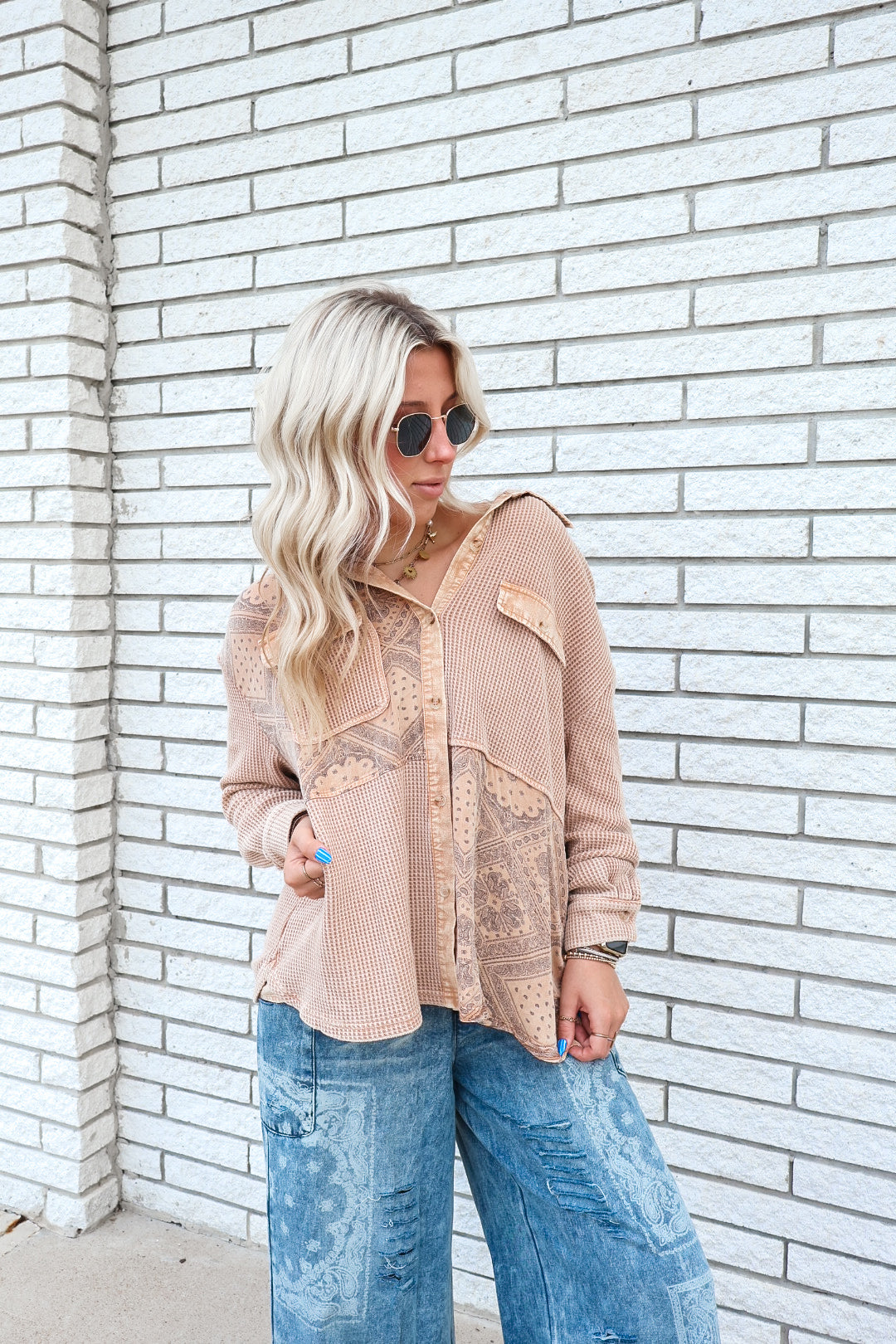 Mixed Paisley Waffle Knit Top
