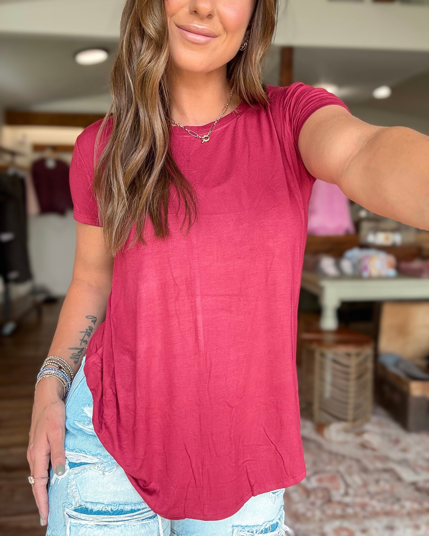 Easy Does It Flowy Round Hem Top (Cabernet)