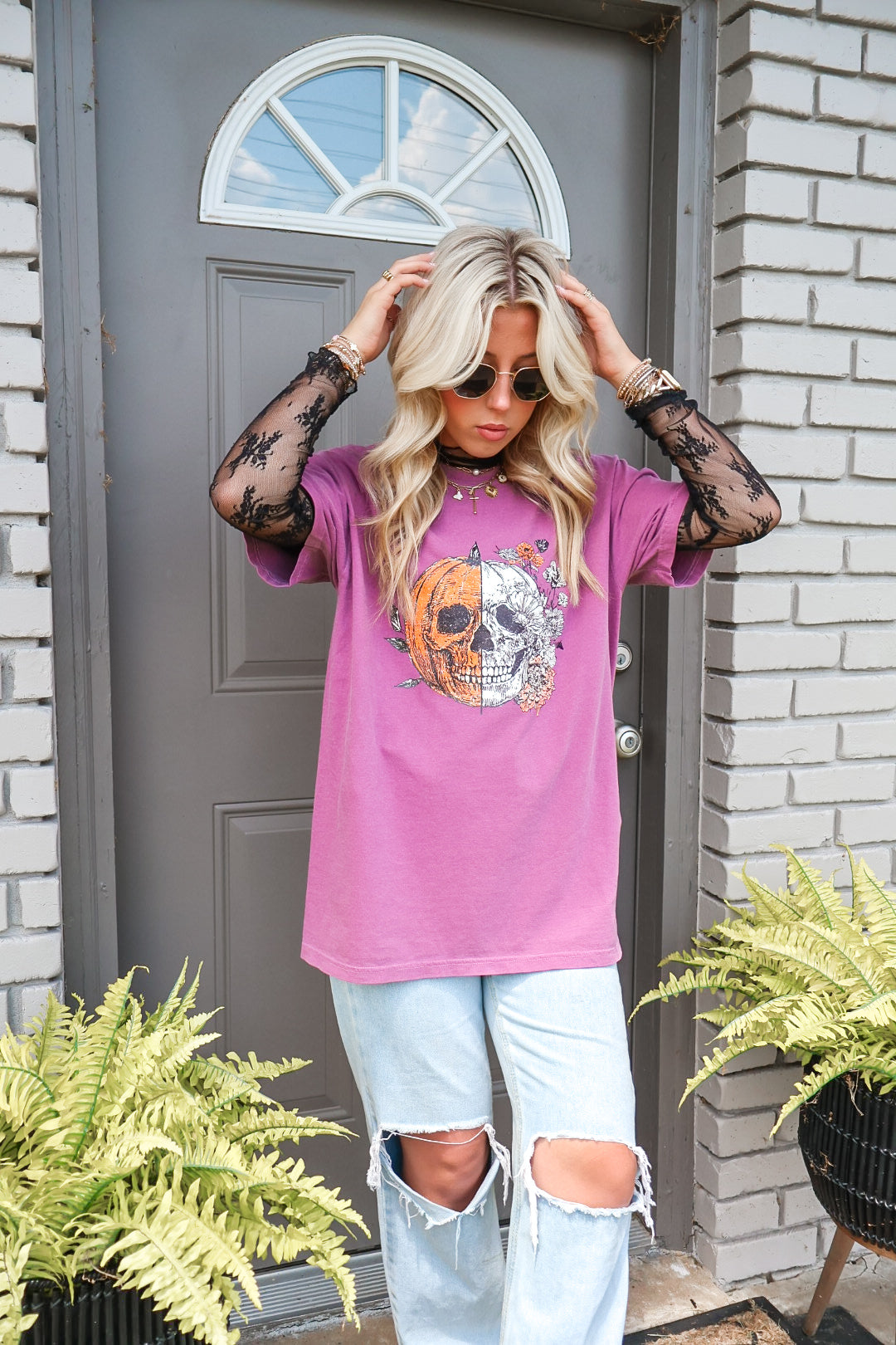 Plum Half Skull & Pumpkin Tee (Pre-Order)