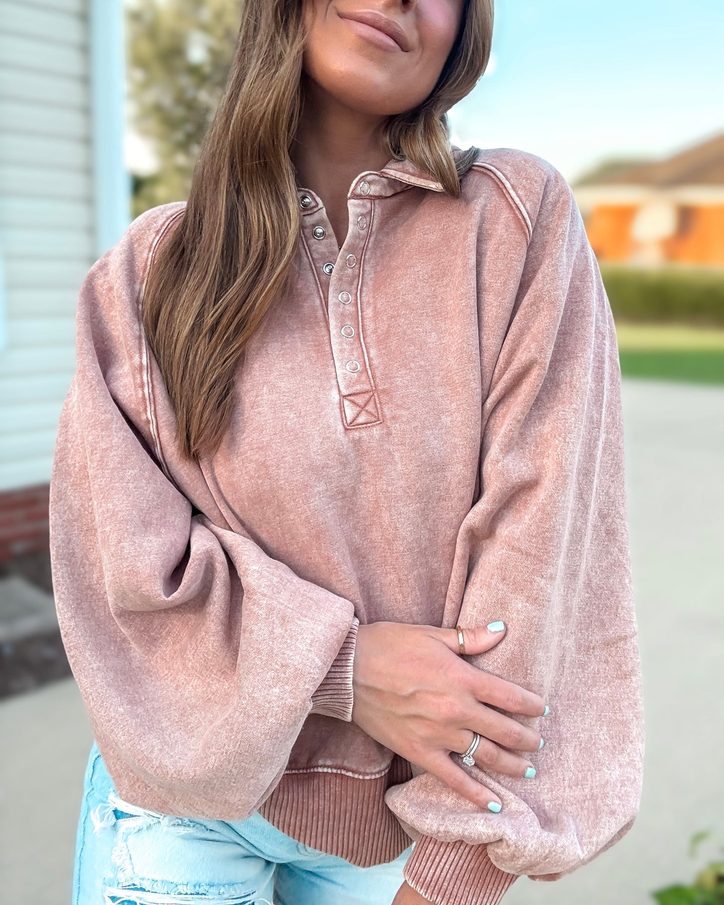 Soft Side Snap-Up Collared Pullover (Rust)