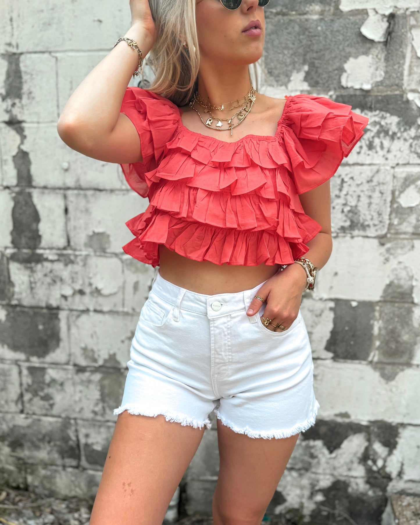 Tropic Like It's Hot Ruffle Crop Blouse