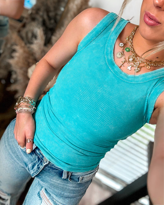 Vibe Check Exposed Seam Tanks (Teal)