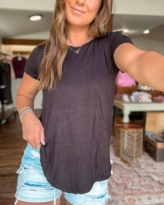 Easy Does It Flowy Round Hem Top (Black)