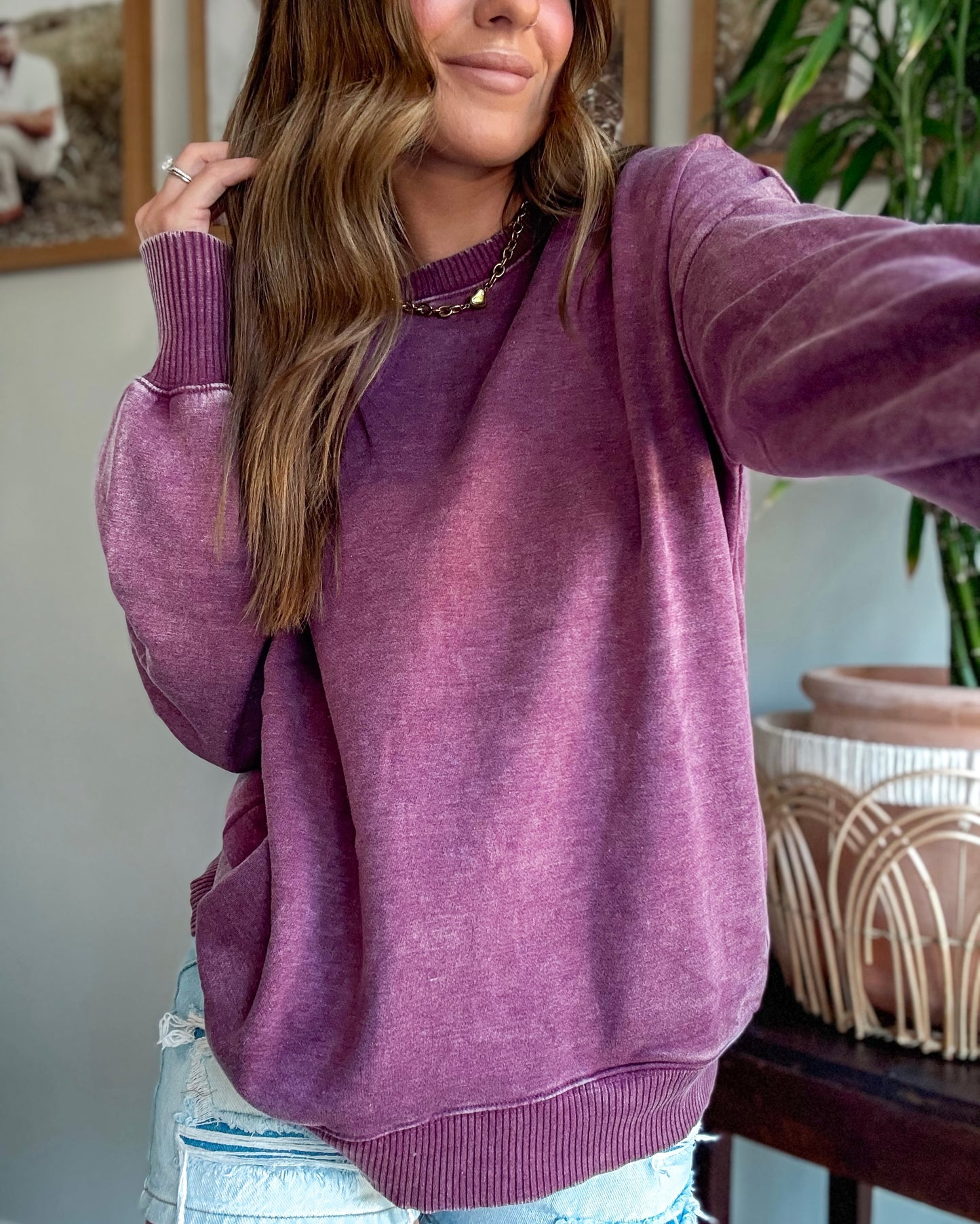 Faded Finish Hi-Low Pullover (Eggplant)
