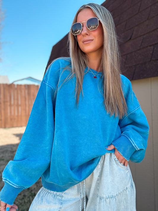 Cloud Nine Acid Wash Fleece Pullover (Ocean Blue)