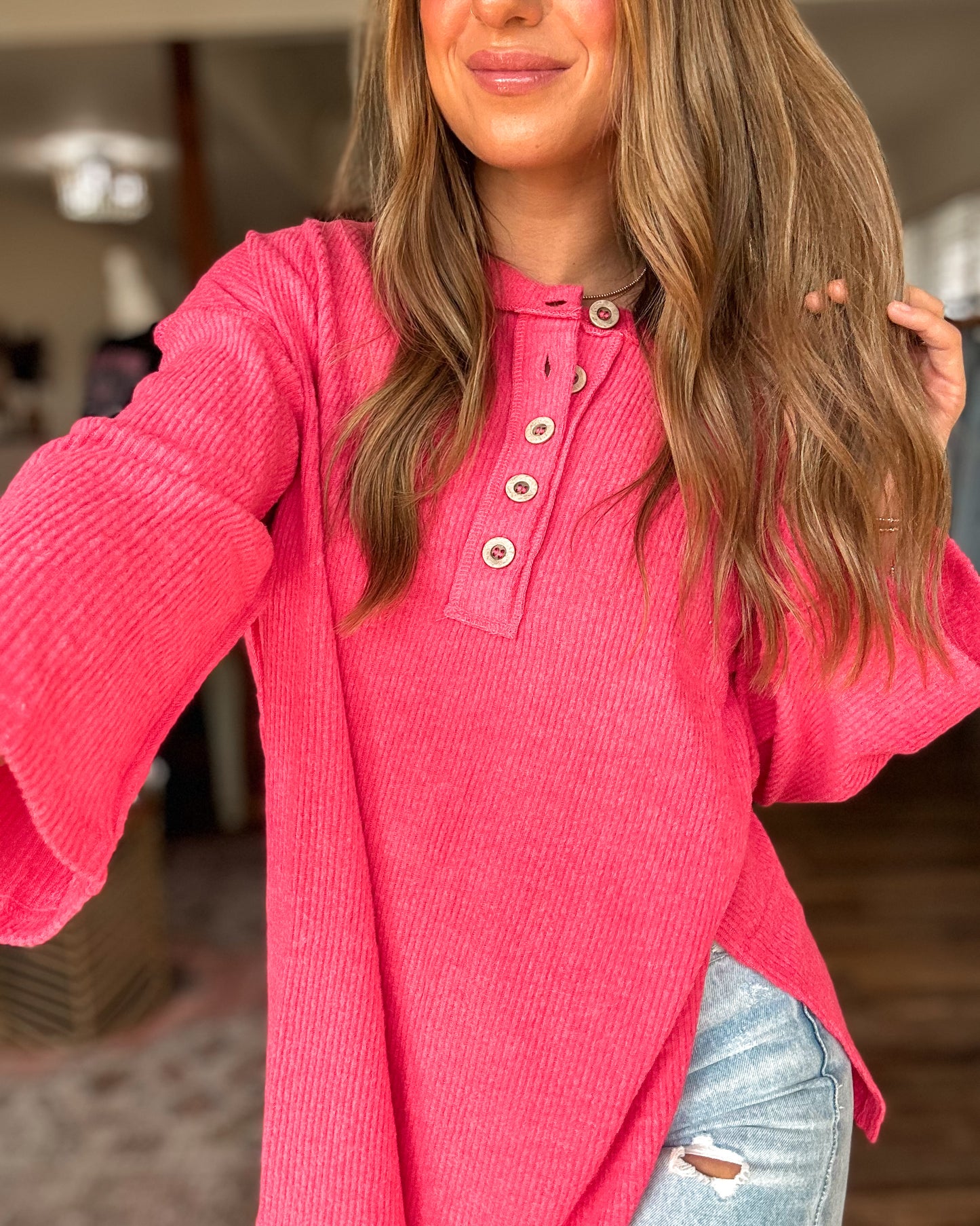 Break Out Ribbed Henley Top (Magenta)