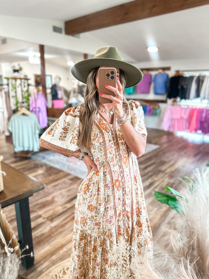 Vintage Cream Floral Midi Dress