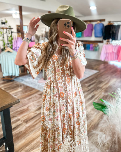 Vintage Cream Floral Midi Dress