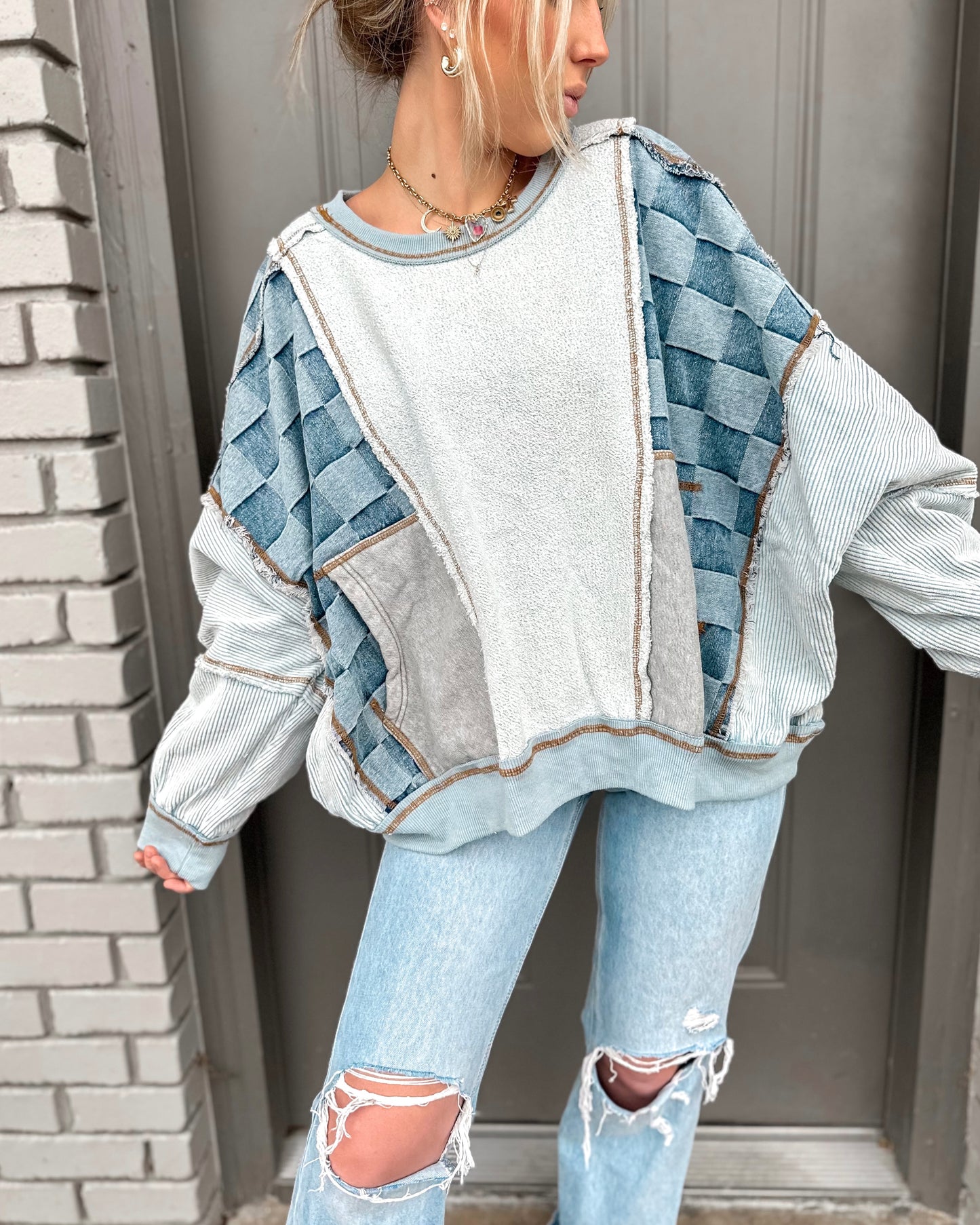 Denim Dreams Checkered French Terry Sweatshirt