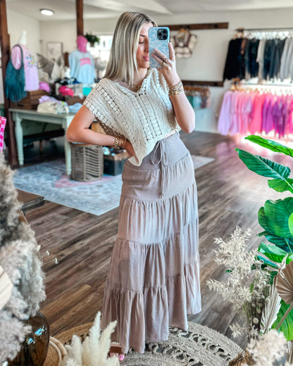 Taupe Smocked Tiered Maxi Skirt