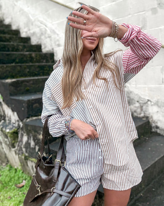 Stripe Color Block Shirt Top & Shorts Set