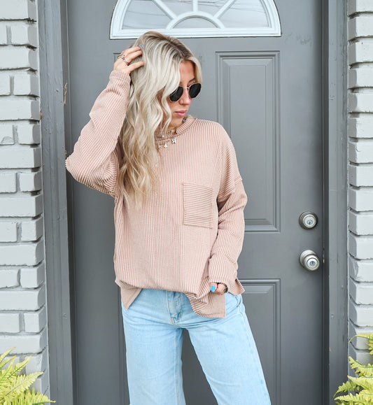 Ribbed & Radiant Drop Shoulder Top (Lt Mocha)