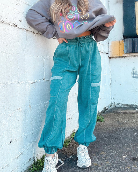 Ruffle Waist Burnout Jogger Pants (Teal)