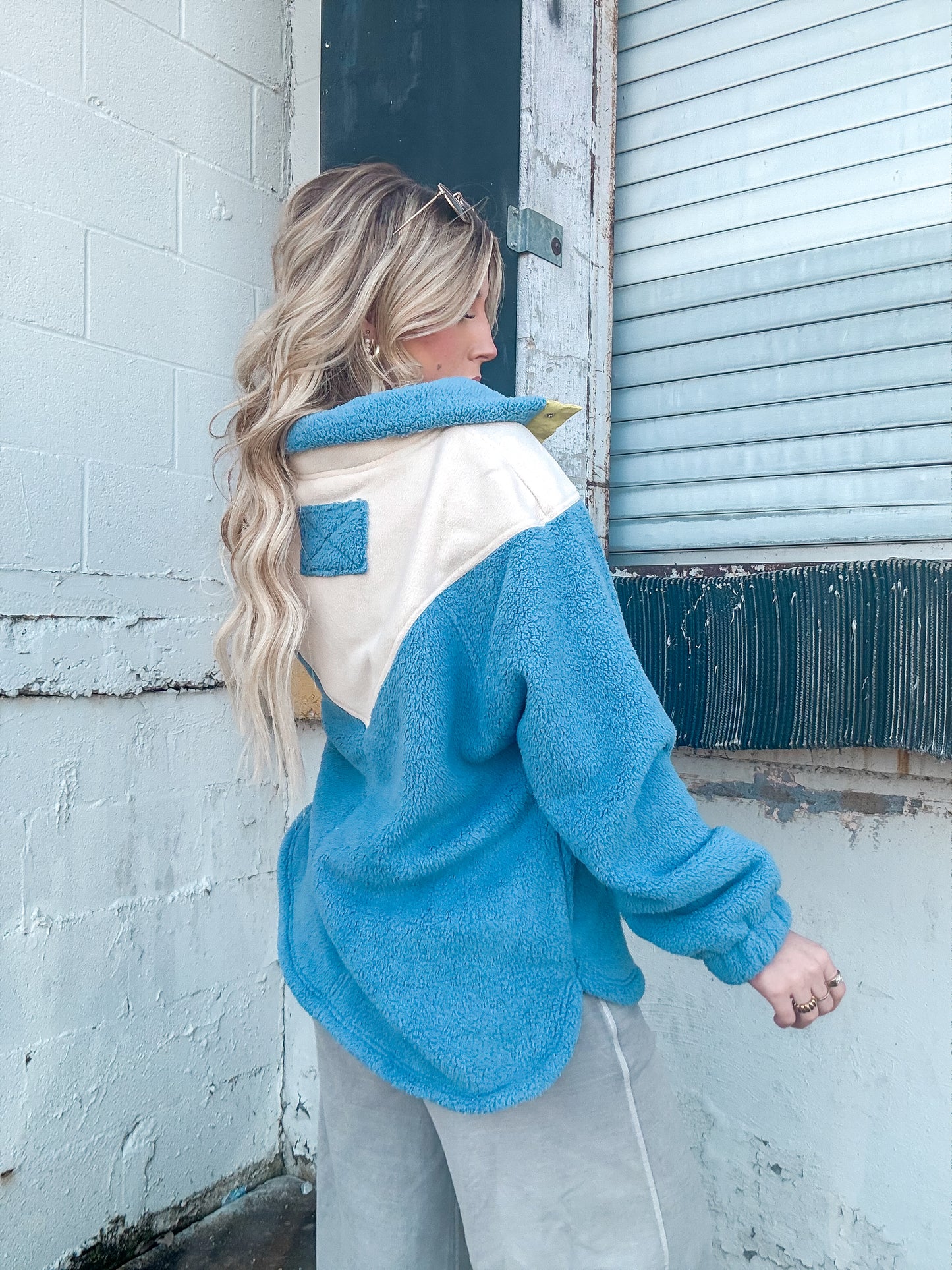 Denim Color Block Half Button Fleece Pullover