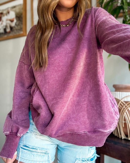 Faded Finish Hi-Low Pullover (Eggplant)