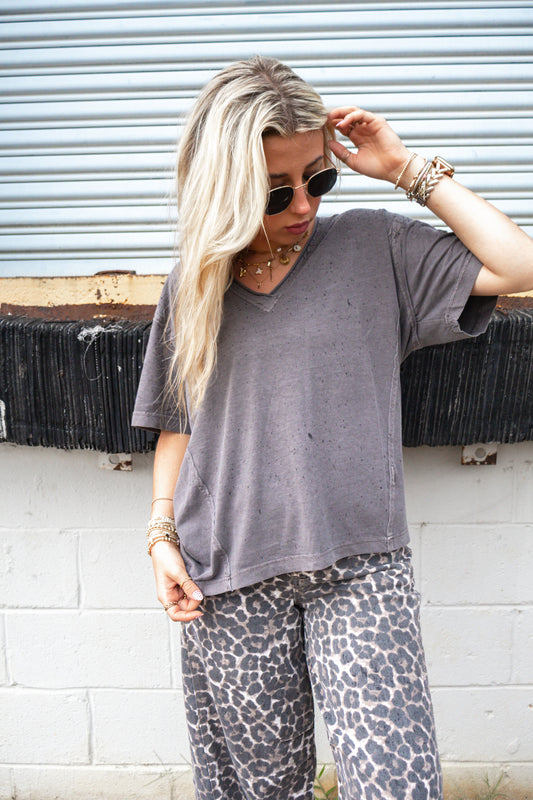 Washed Raw Edge V-Neck Top