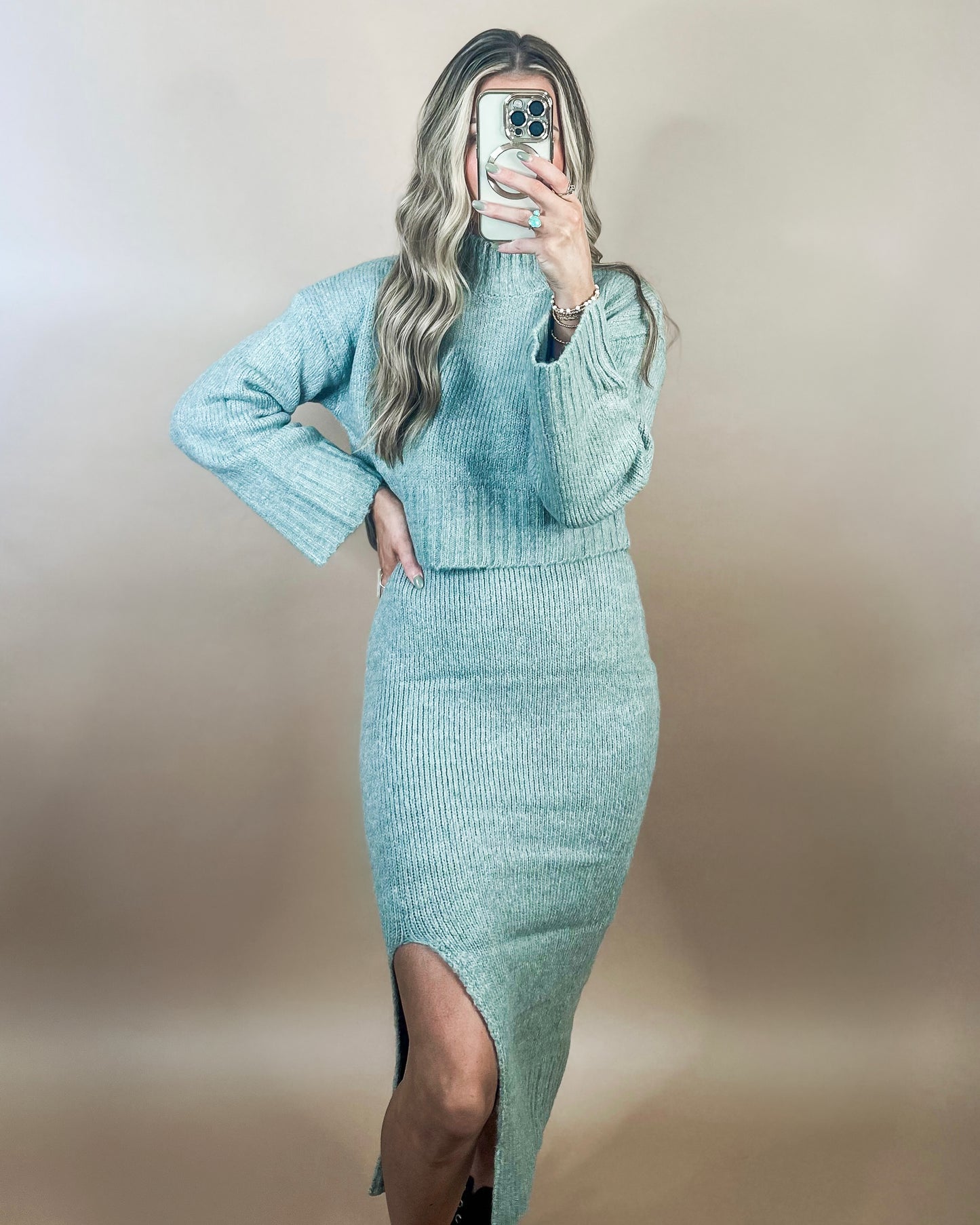 Mock Neck Sweater and Skirt Set (Gray)