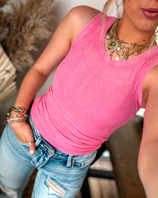 Vibe Check Exposed Seam Tanks (Fuschia)