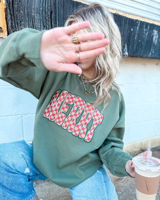 Olive Checkered Merry Sweatshirt