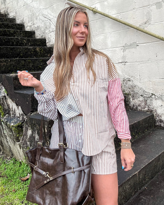 Stripe Color Block Shirt Top & Shorts Set