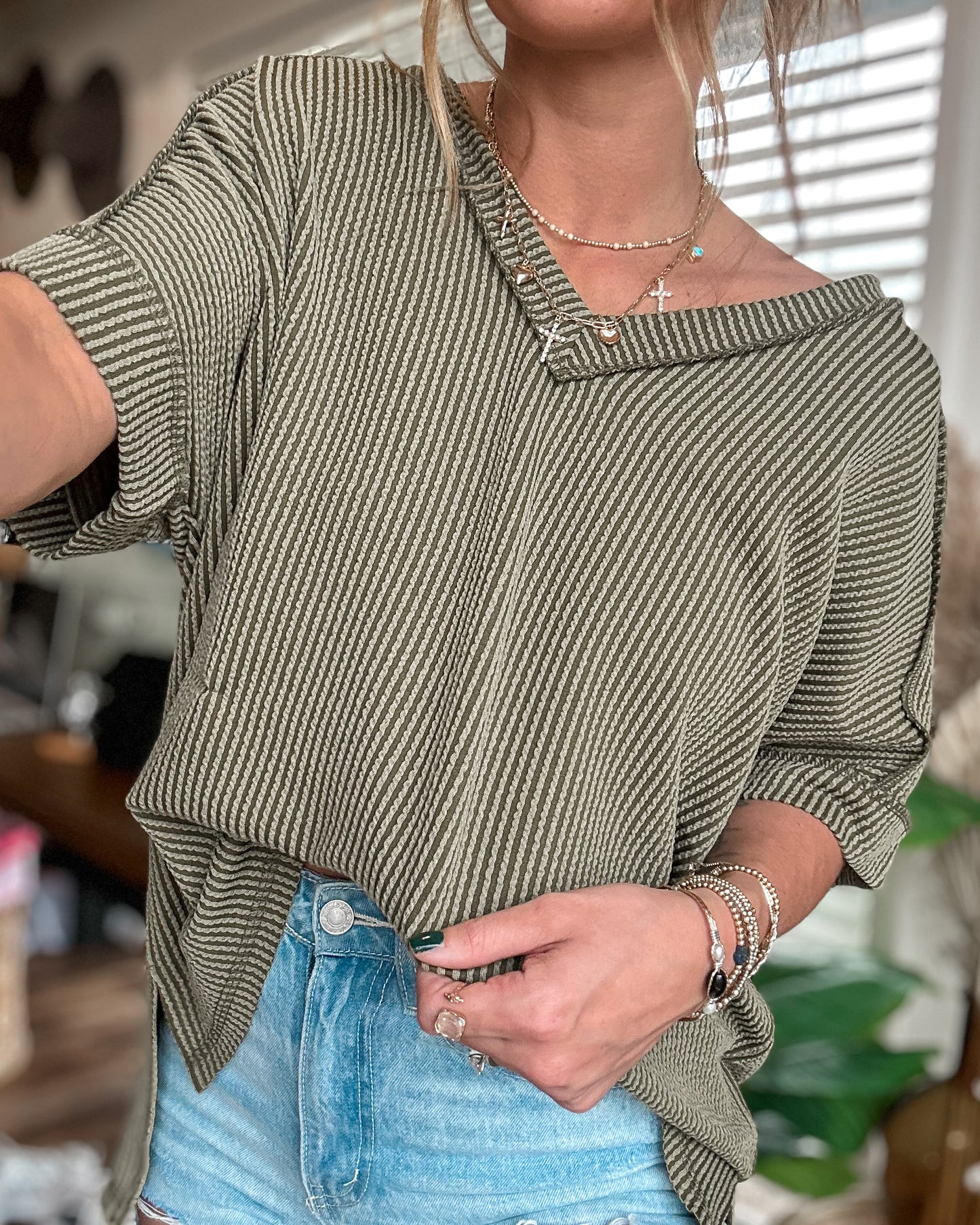 Corded V-Neck Top (Olive)