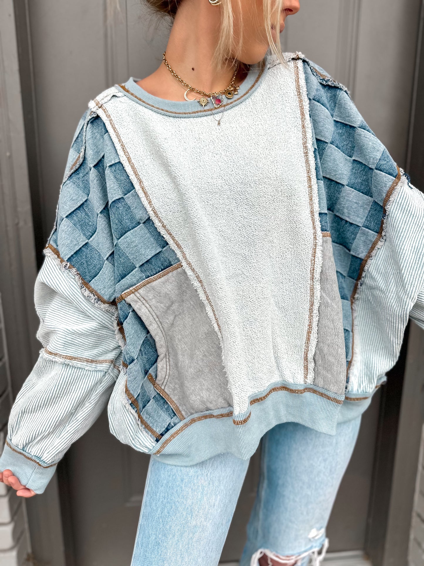 Denim Dreams Checkered French Terry Sweatshirt