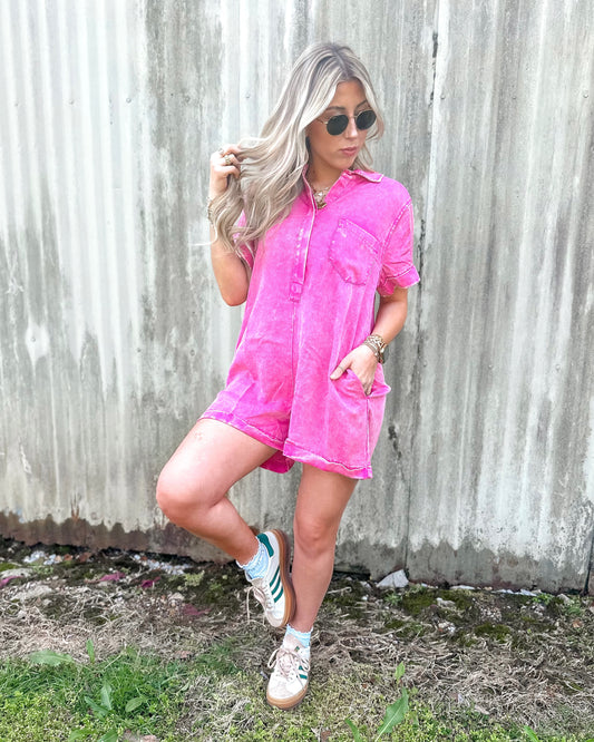 Just A Flirt Mineral Wash Romper (Hot Pink)