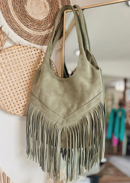 Vivian Velvet Fringe Purse (Olive)