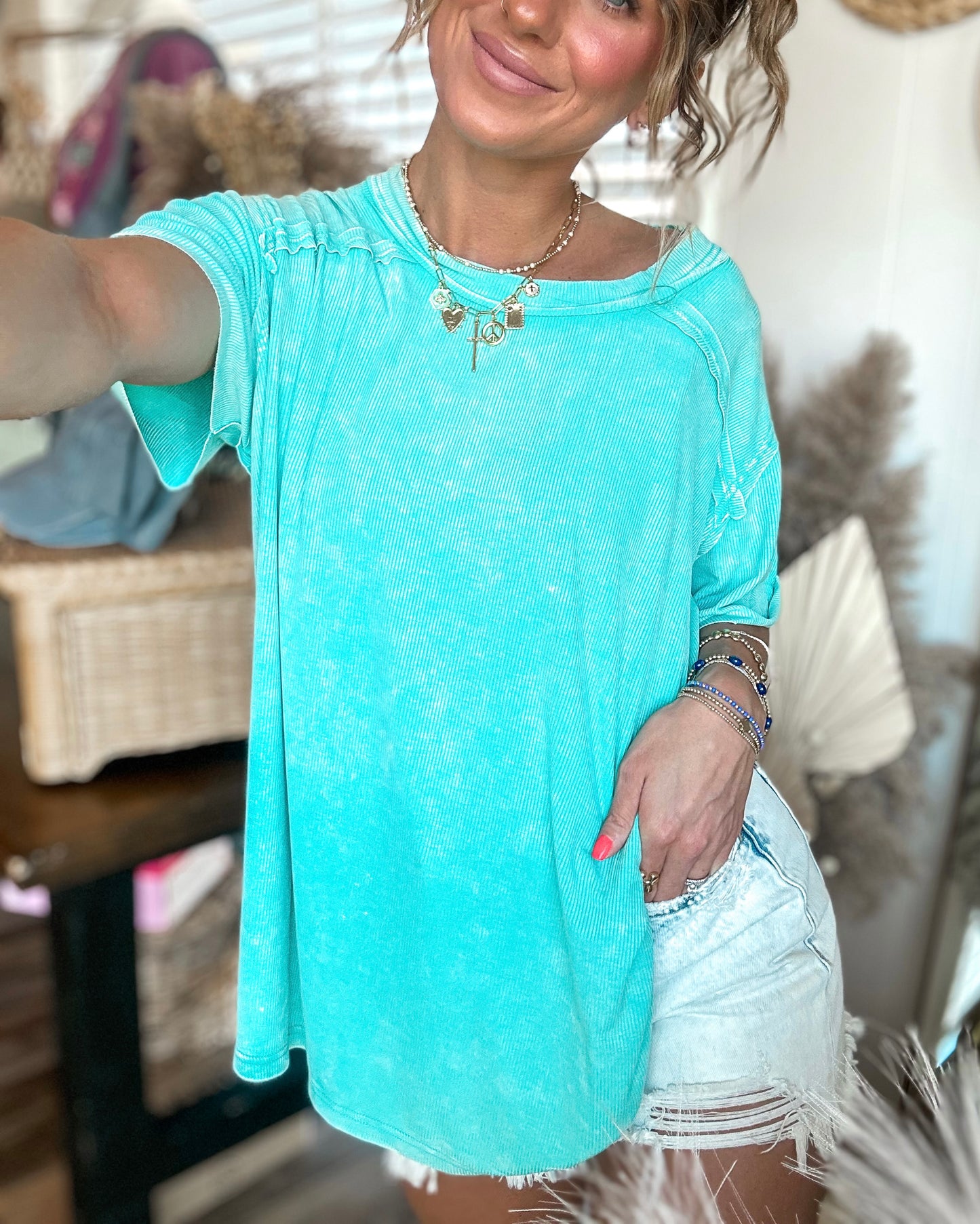 Time Flies Ribbed Mineral Wash Top (Turquoise)