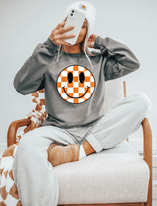 Orange Checkered Happy Sweatshirt (PRE-ORDER)