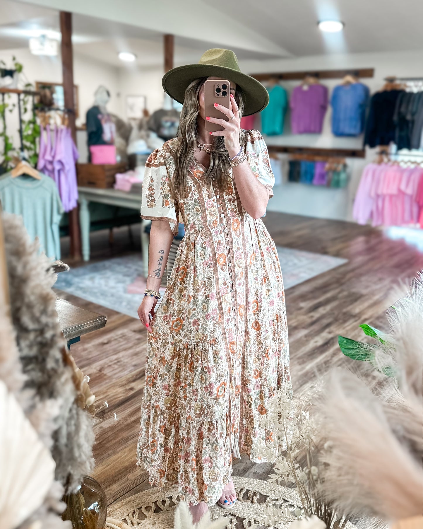 Vintage Cream Floral Midi Dress