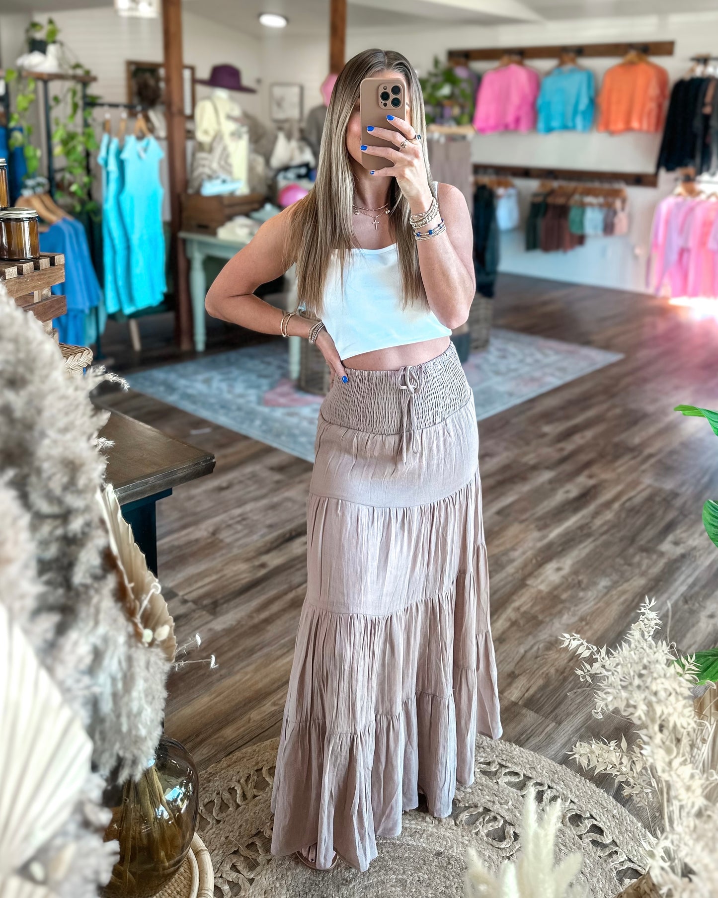 Taupe Smocked Tiered Maxi Skirt