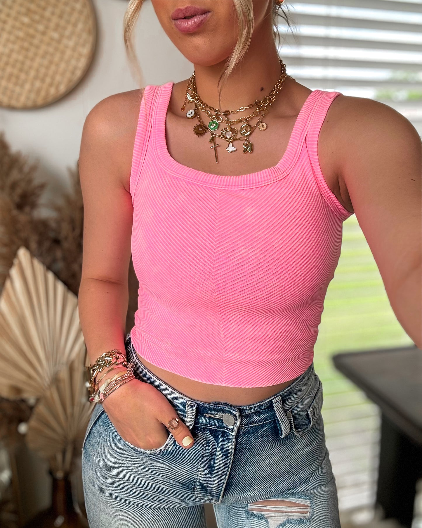 Casual Summer Mineral Wash Tank (Fuschia)