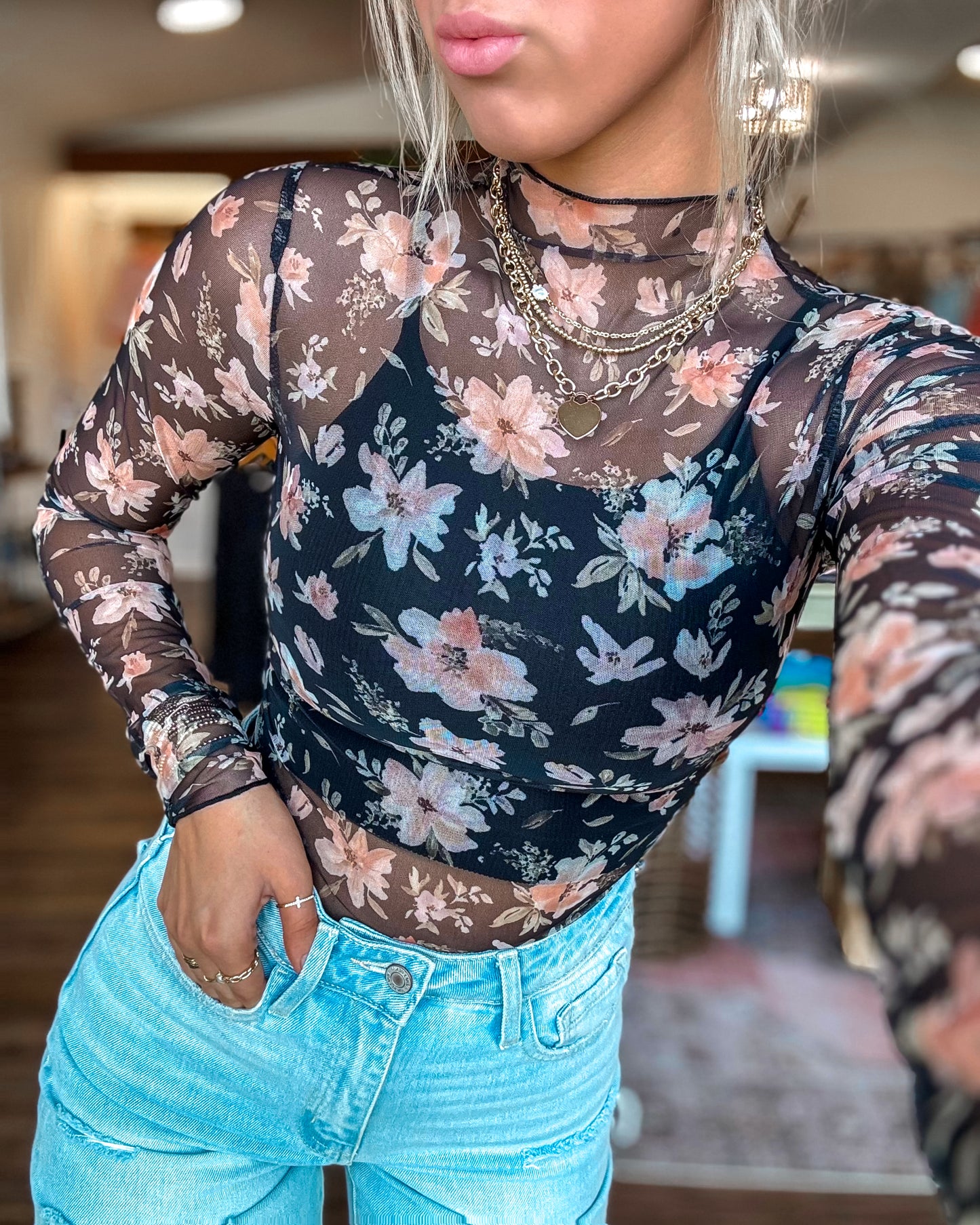 Black Floral Layer Top