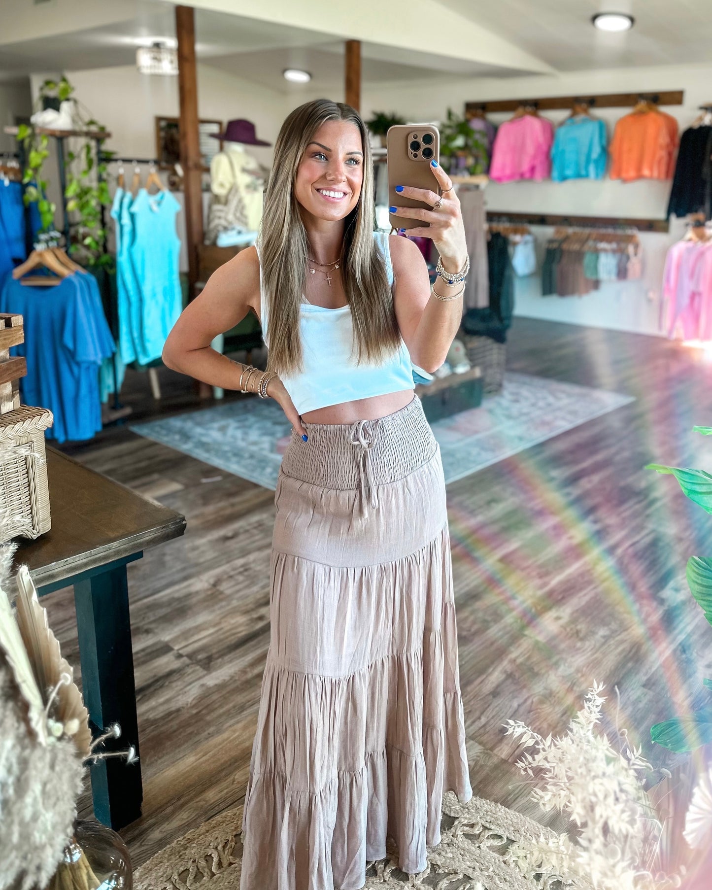 Taupe Smocked Tiered Maxi Skirt