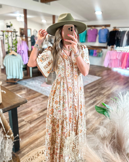 Vintage Cream Floral Midi Dress