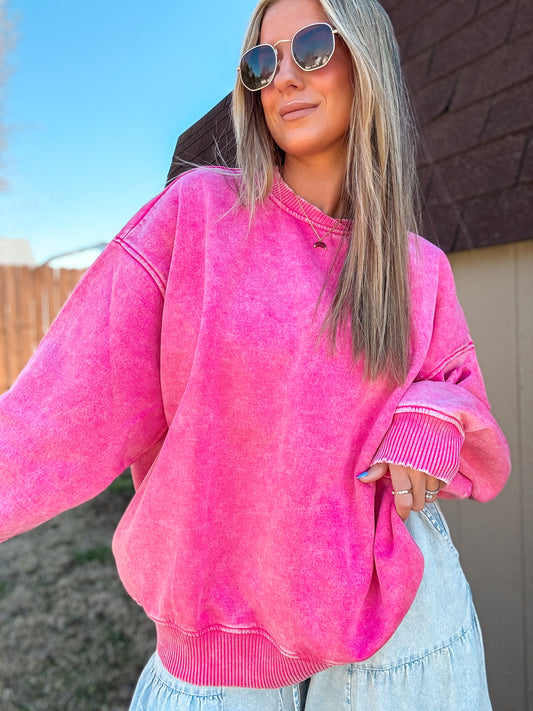 Cloud Nine Acid Wash Fleece Pullover (Pink)