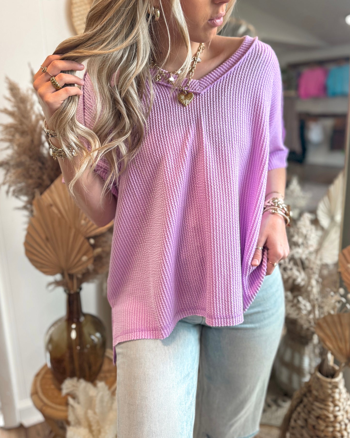 Corded V-Neck Top (Lavender)